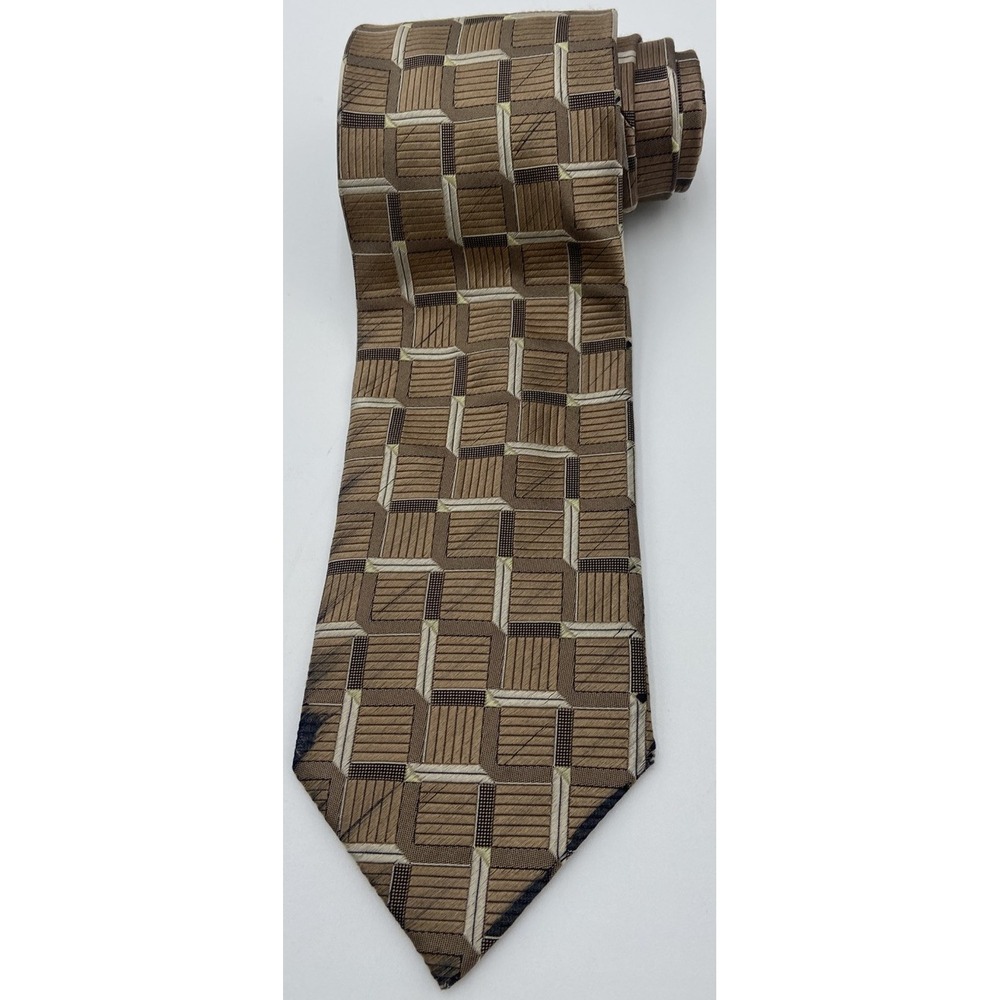 ERMENEGILDO ZEGNA Men's Tie 100% Silk ITALY Luxury Brown Silver Squares Geo